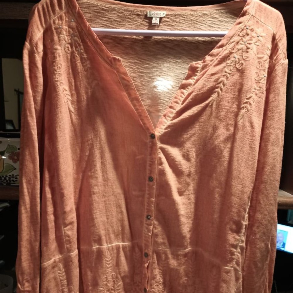 EUC Orange Reba 3X V-Neck 100% Cotton Button-Down Floral Bling Top or Jacket